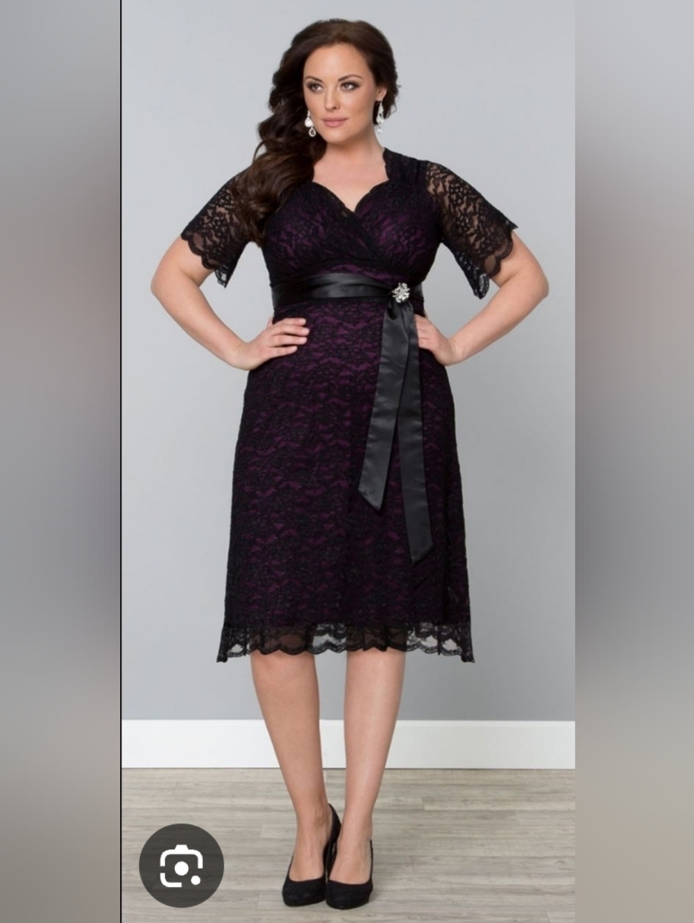 Kiyonna Black and Deep Purple Lace Wrap Dress with Satin Sash